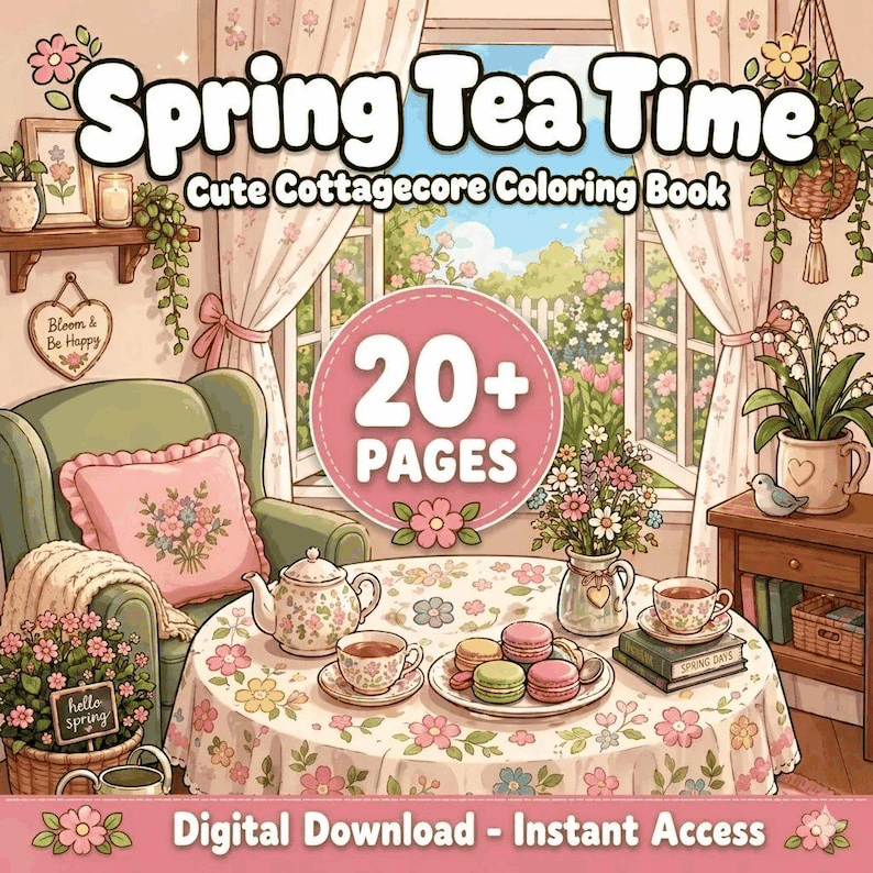 Spring Tea Time Cottagecore Coloring Book cover preview
