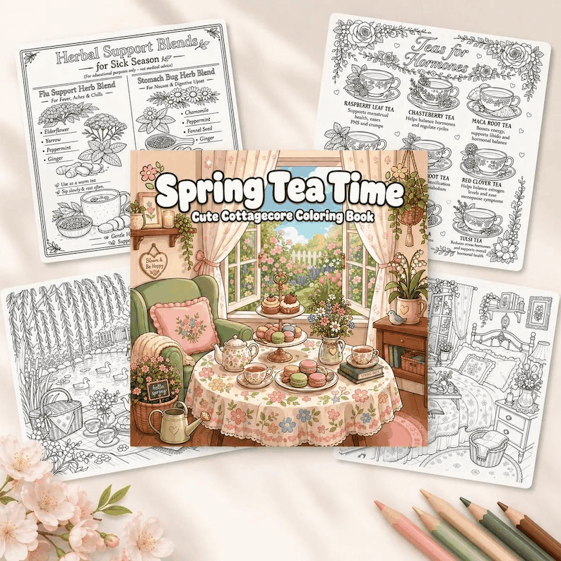 Spring Tea Time Cottagecore Coloring Book printable page preview