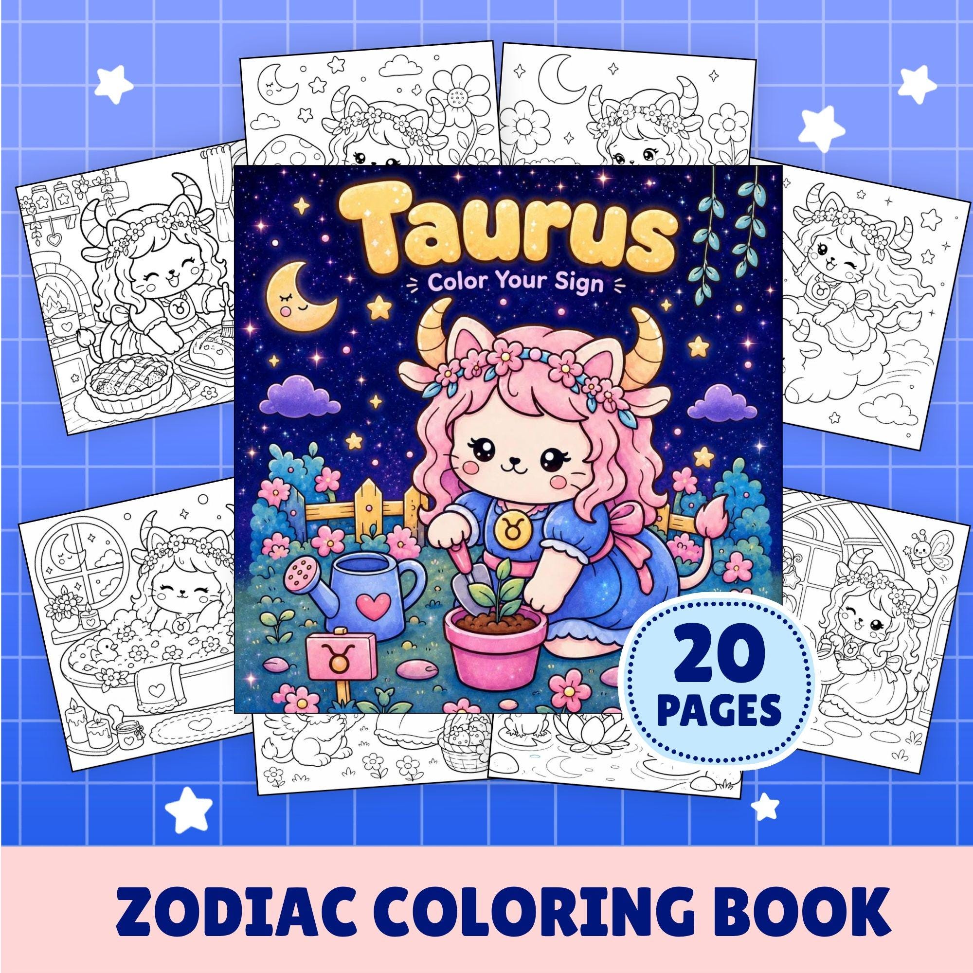 Cozy Taurus Zodiac Cat Girls Coloring Book printable coloring book preview 1