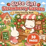Cottagecore Cat Strawberry Garden Coloring Book printable coloring book cover