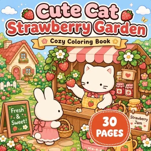 Cottagecore Cat Strawberry Garden Coloring Book printable coloring book cover
