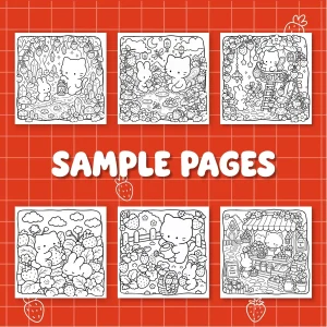 Cottagecore Cat Strawberry Garden Coloring Book printable coloring book preview 1