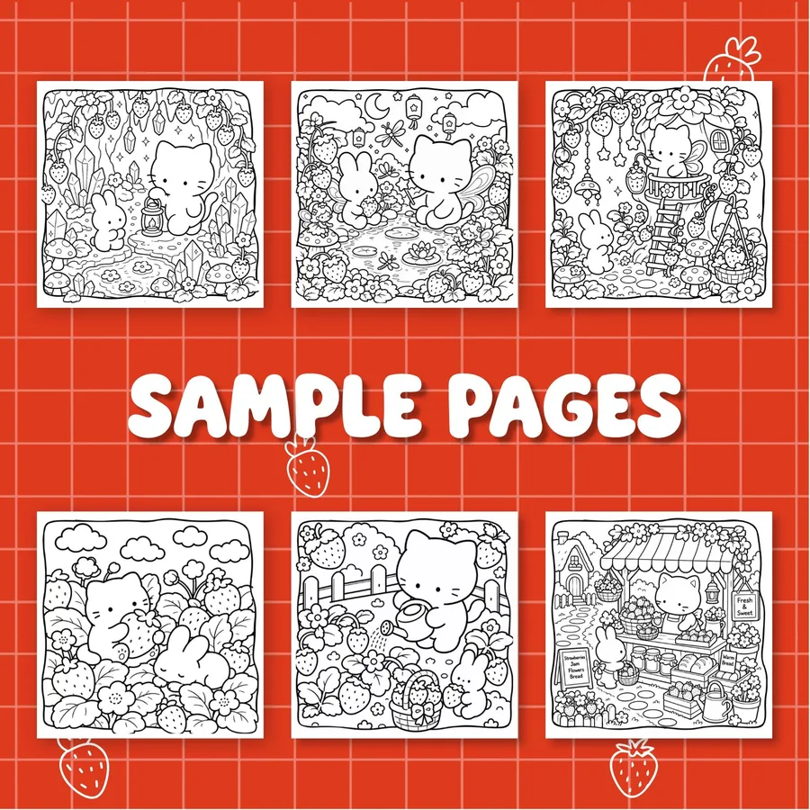 Interior preview from the Cat Strawberry Garden digital coloring book