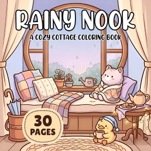 Rainy Nook cover with a cat and duck relaxing beside a rainy window