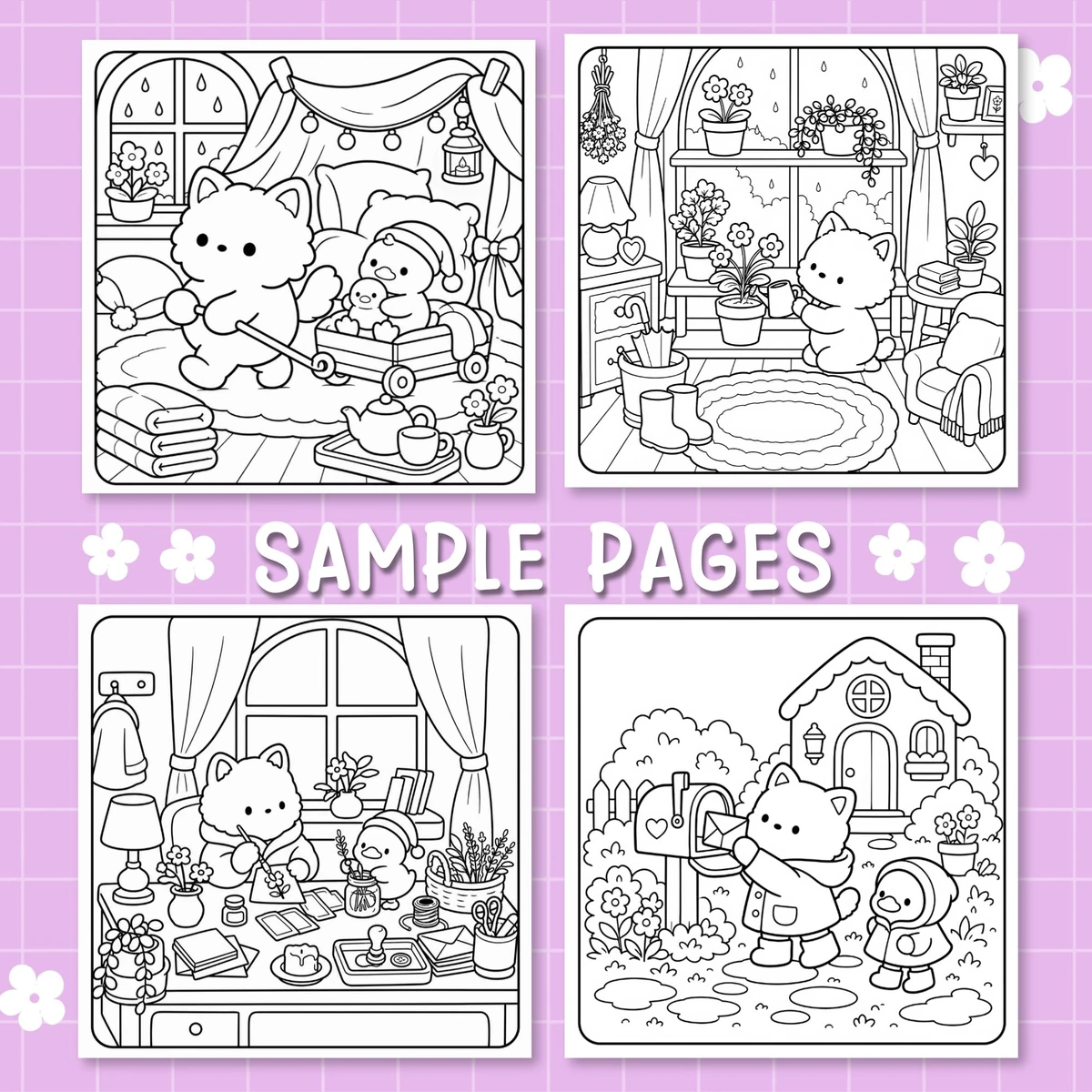 Four Rainy Day Cozy line-art scenes with a cat, duck, plants, crafts, and rainy windows