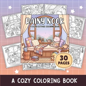Rainy Nook collage with cat-and-duck coloring pages set by windows, shelves, gardens, and cozy rooms
