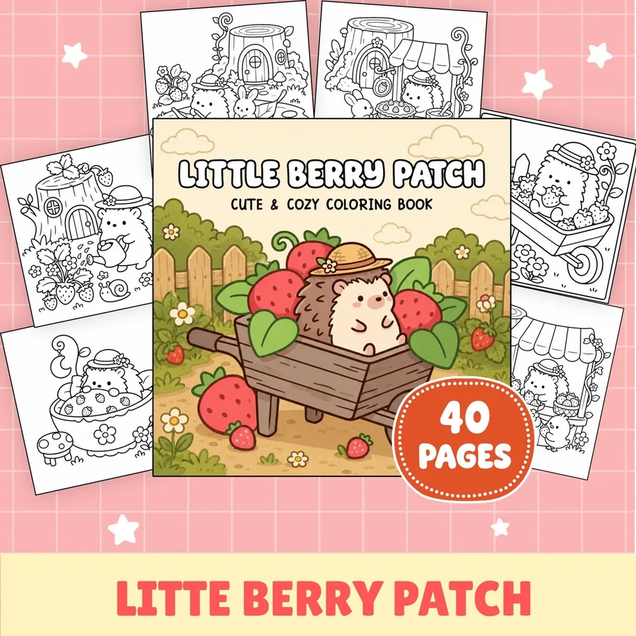 Interior preview from the Hedgehog Strawberry Garden digital coloring book