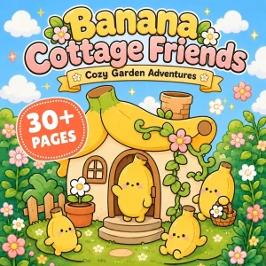Banana Cottage Friends cover with banana characters outside a banana-shaped cottage