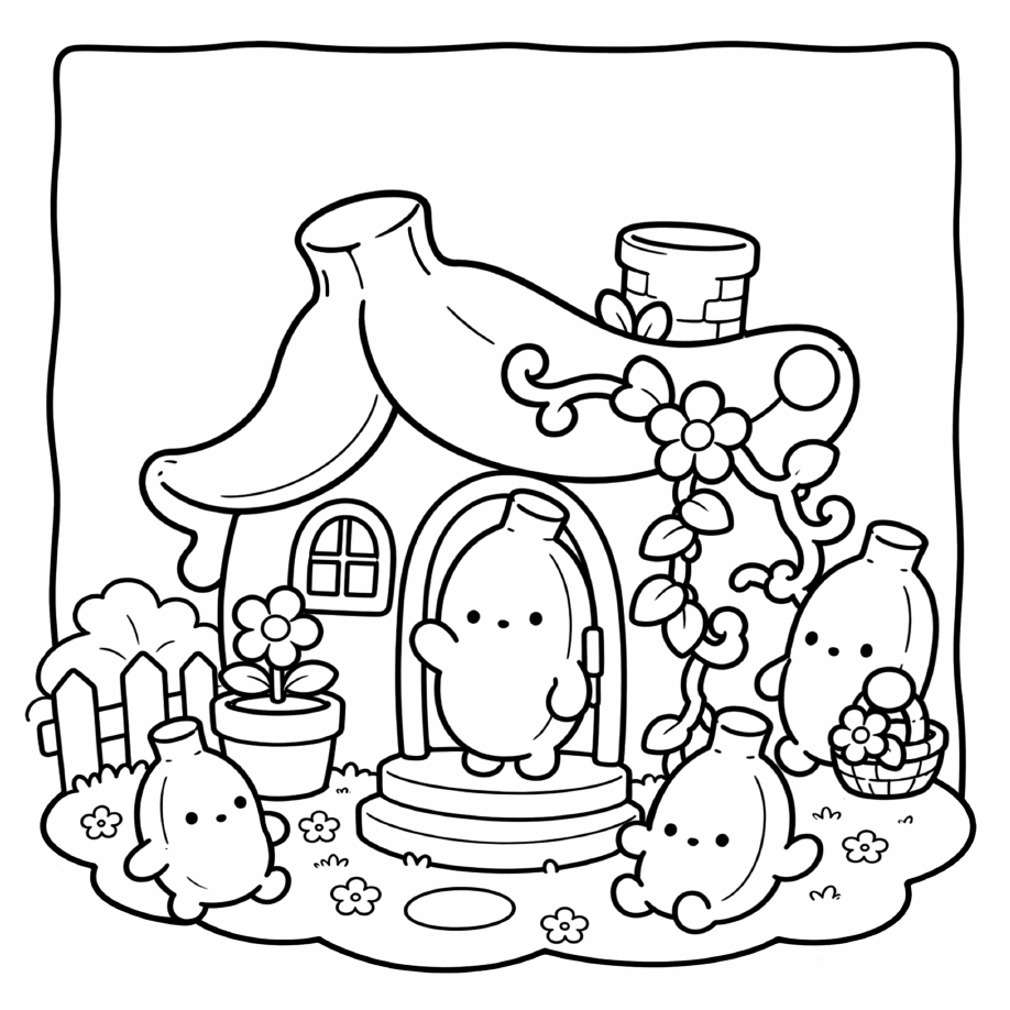 Banana characters outside a banana-shaped cottage with flowers and a garden fence
