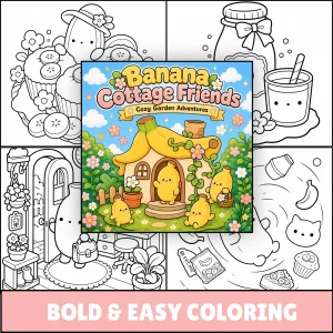 Banana Cottage Friends collage with cottage, food, home, and banana-character line-art previews