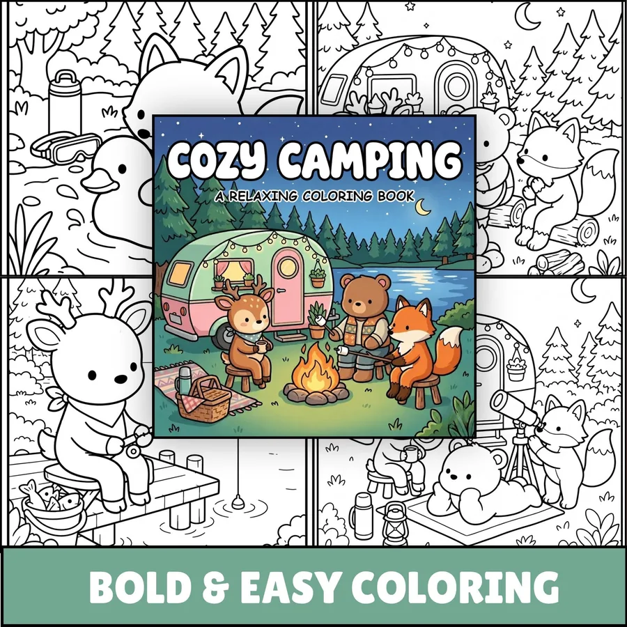 Interior preview from the Cozy Camping digital coloring book