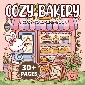 Cozy Bakery cover with a rabbit outside a bakery filled with bread and cakes