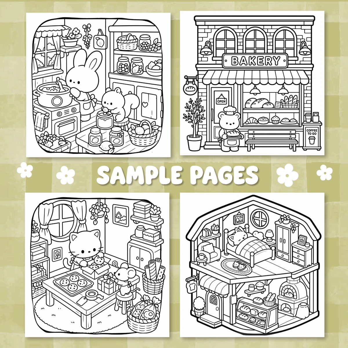 Four Bakery Cafe line-art previews showing animal characters in a kitchen, storefront, cookie table, and bakery