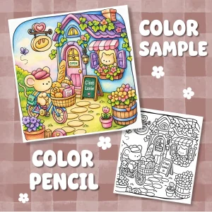 Bakery coloring page shown in colored and black-line versions with a mouse, cat, bread, and flowers