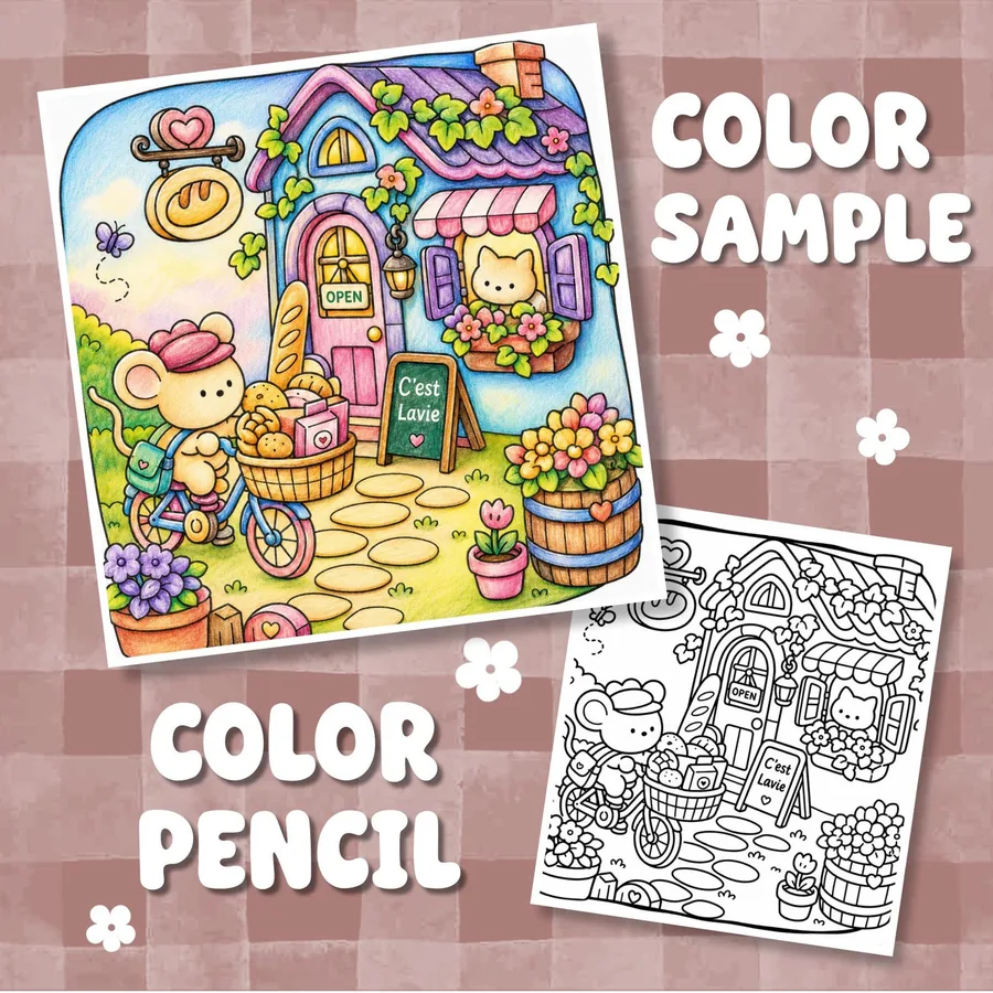 Interior preview from the Cozy Bakery Cafe digital coloring book