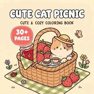 Cute Cat Picnic cover with a hat-wearing cat, strawberries, and a picnic basket