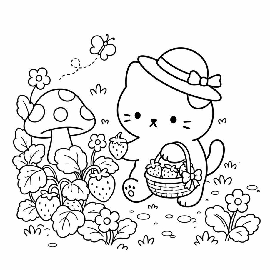 Hat-wearing cat gathering strawberries beside flowers, leaves, and a mushroom