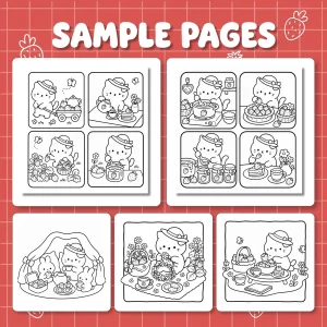 Cat Strawberry Picnic collage with strawberry picking, tea, jam making, flowers, and picnic coloring pages