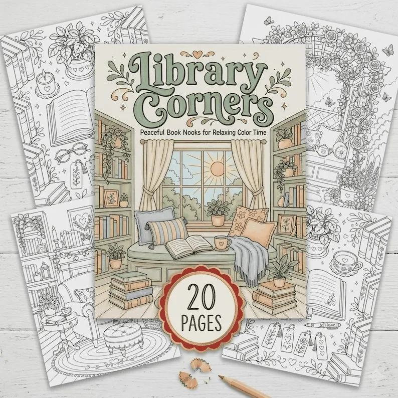 Cozy Library Coloring Book printable coloring book cover