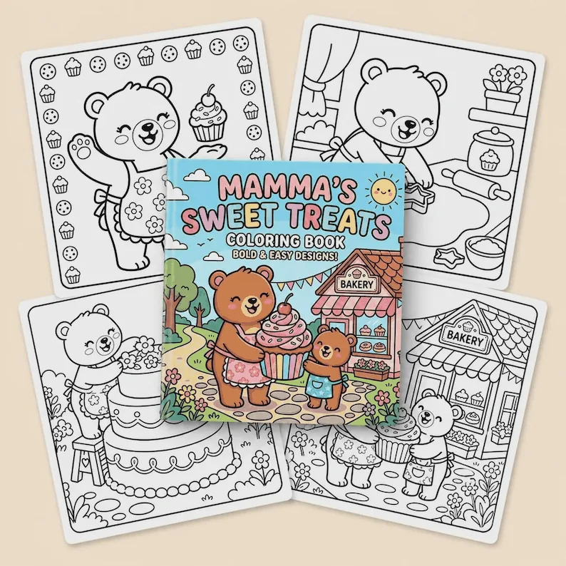 Cozy Mama Bear Baking Coloring Book printable coloring book preview 1