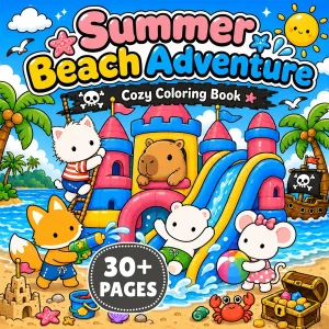 Summer Beach Adventure cover with animal friends, a water slide, pirate flags, and treasure