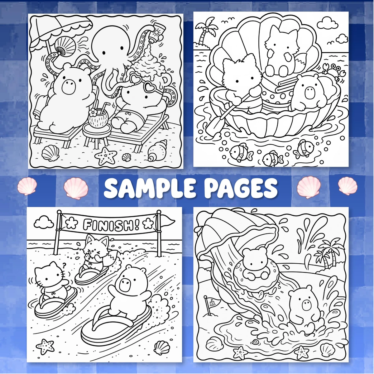 Four beach-adventure line-art scenes with an octopus drink, shell boat, flip-flop race, and water slide