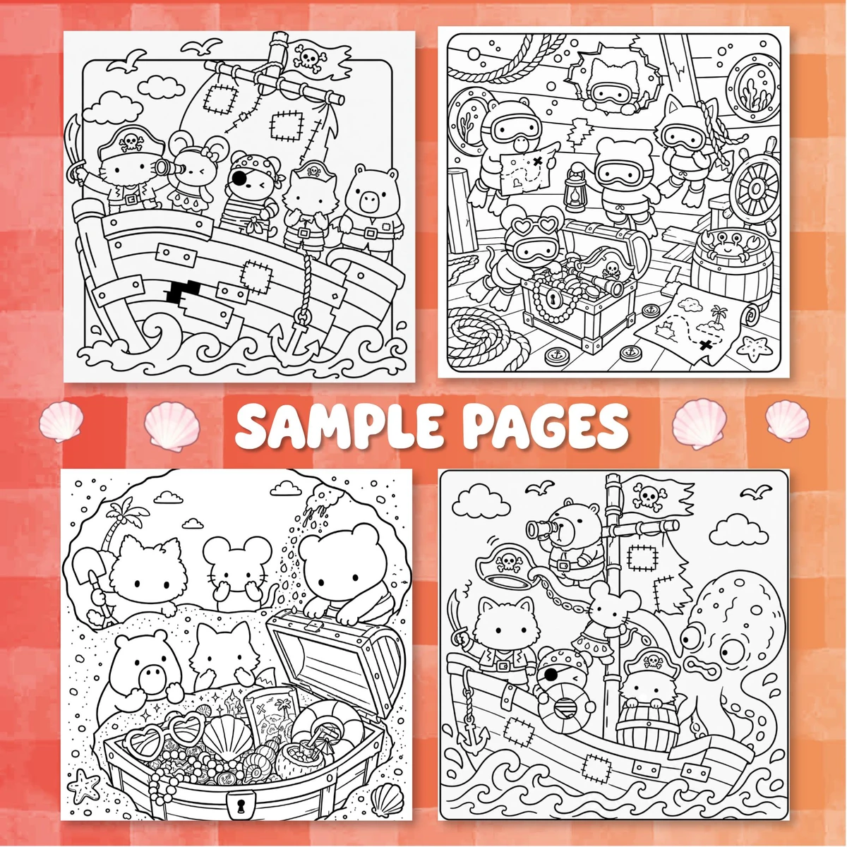 Four pirate-adventure line-art scenes with a ship, treasure maps, digging, and an octopus