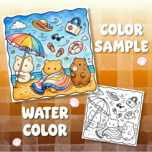 Beach coloring page shown in colored and black-line versions with three animals, an umbrella, and windblown beach items