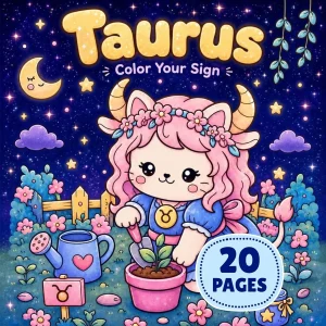 Cozy Taurus Zodiac Cat Girls Coloring Book printable coloring book cover