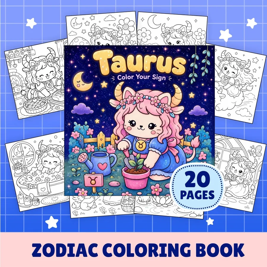Cozy Taurus Zodiac Cat Girls Coloring Book printable coloring book preview 1