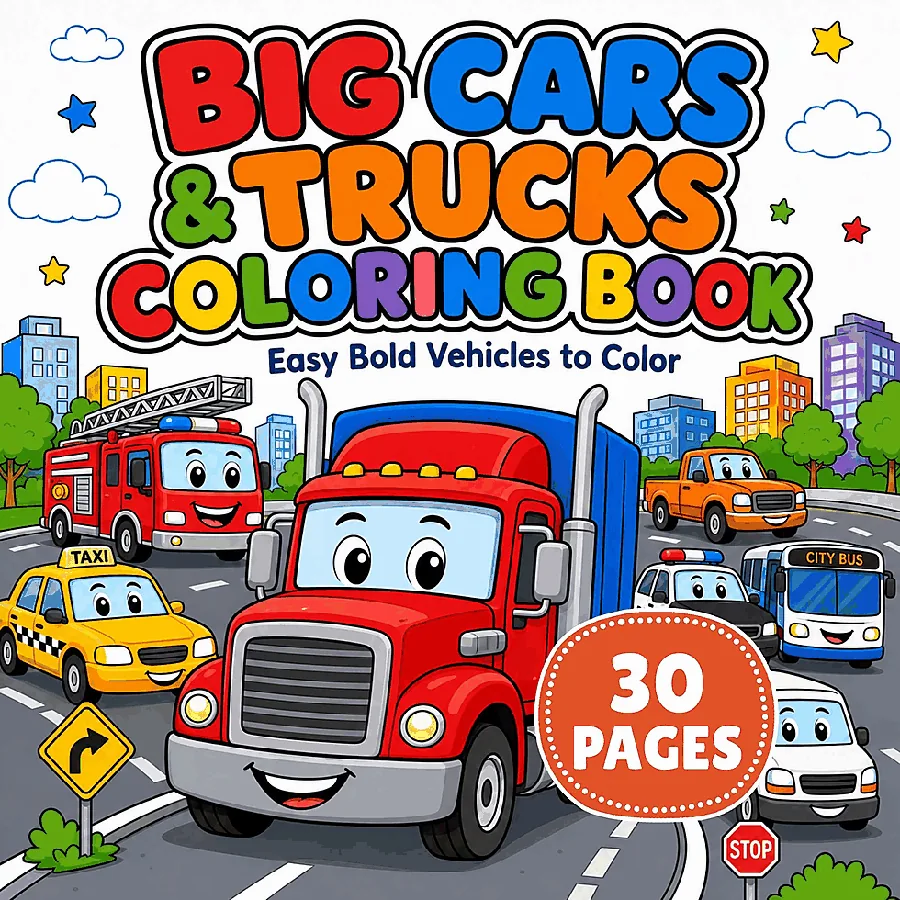 Printable Cars and Trucks Coloring Book printable coloring book preview 1