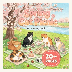 Printable Japanese Spring Cat Picnic Coloring Book printable coloring book cover