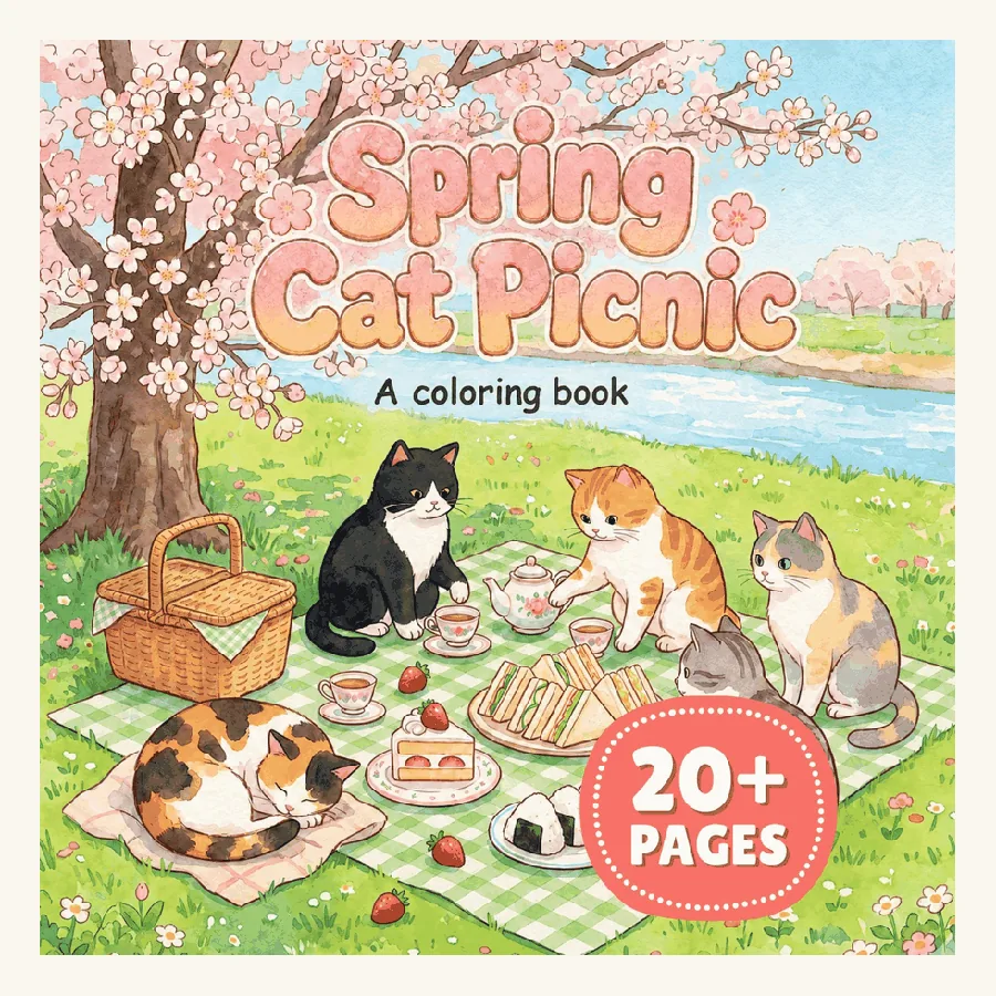 Printable Japanese Spring Cat Picnic Coloring Book printable coloring book cover