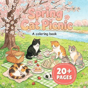 Printable Japanese Spring Cat Picnic Coloring Book printable coloring book preview 1