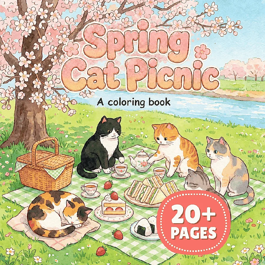 Interior preview from the Japanese Spring Cat Picnic digital coloring book
