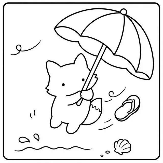 A cat under a beach umbrella