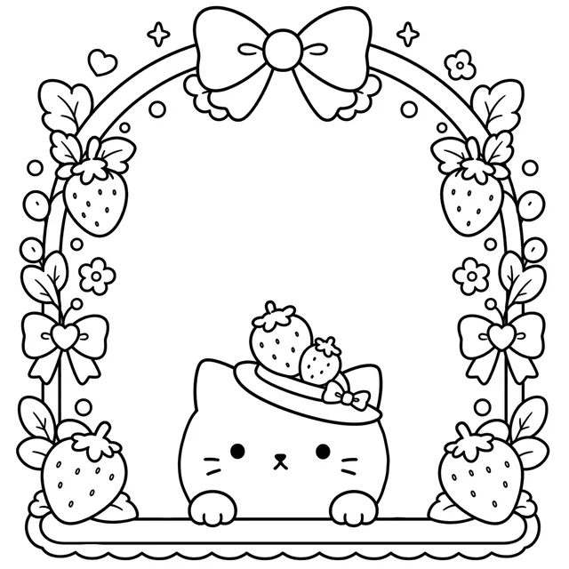 A cat under a strawberry arch
