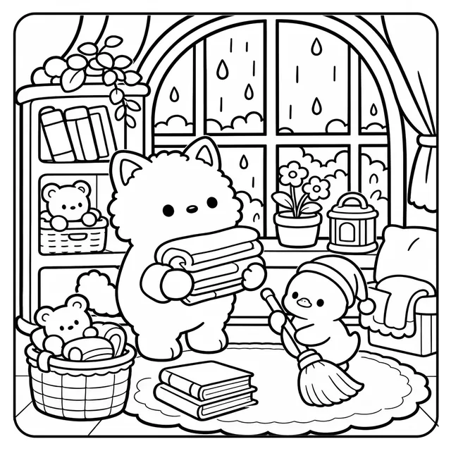Tidying the cottage on a wet afternoon