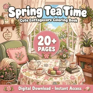 Spring Tea Time Cottagecore Coloring Book printable coloring book cover