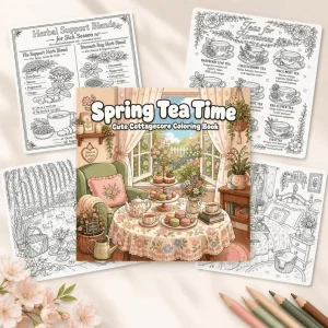 Spring Tea Time Cottagecore Coloring Book printable coloring book preview 1