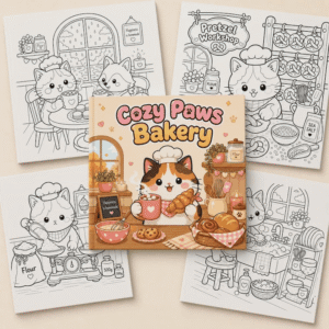Cat bakery coloring pages around a cover with warm pastry colors