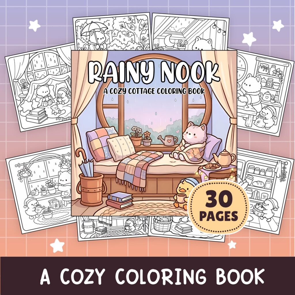 Rainy nook preview with a cat, duck, and patterned blankets for a fabric texture tutorial