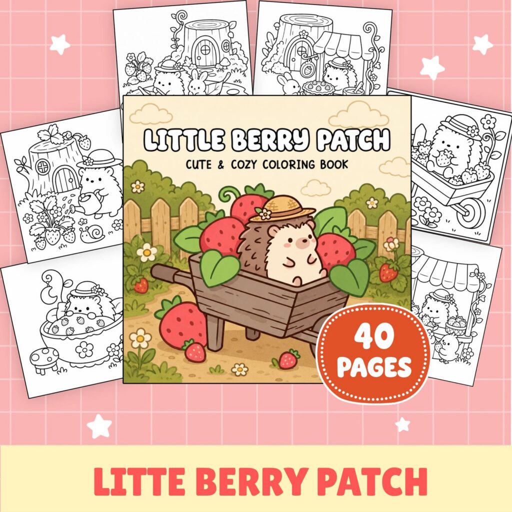 Little Berry Patch cover with a hedgehog and strawberries beside garden page previews