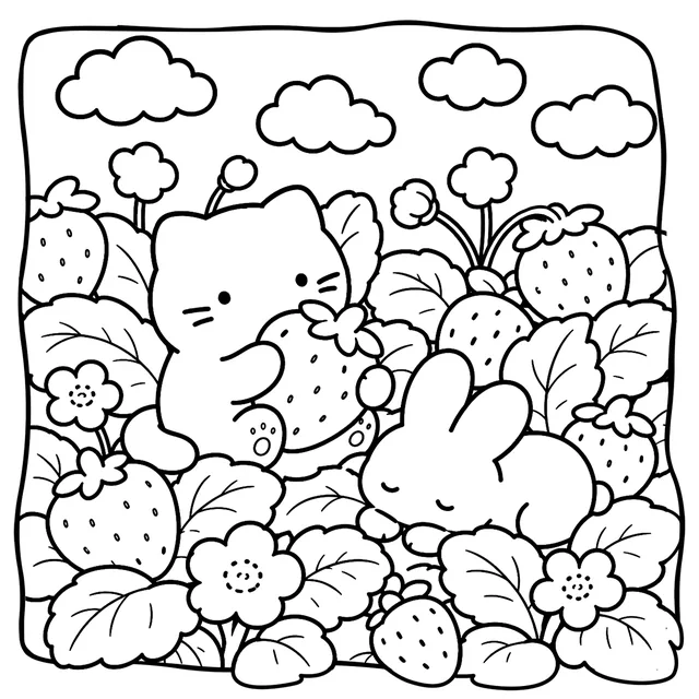 Cat nestled among strawberries, broad leaves and flowers under clouds
