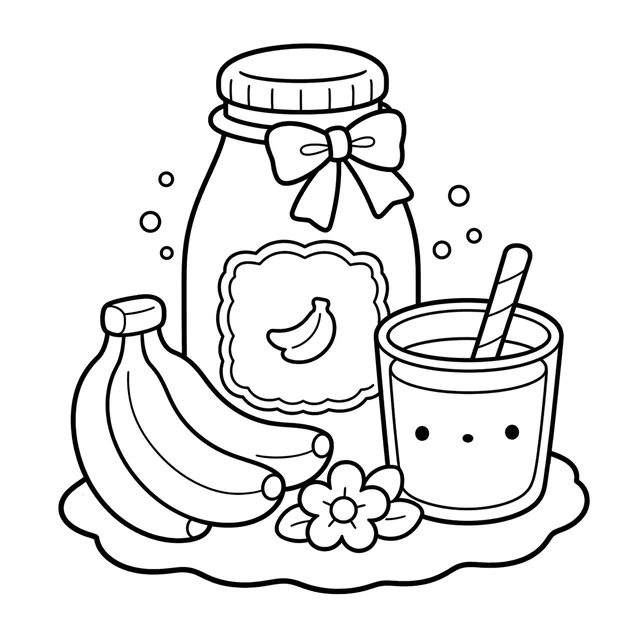 Bananas beside a bow-tied jar and a smiling drink on an uncolored sample page