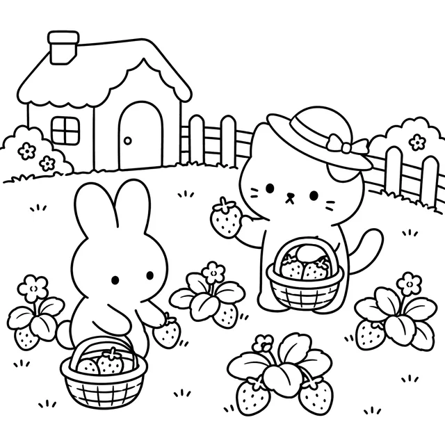 Hat-wearing cat carries a strawberry basket beside a cottage, fence and flowers