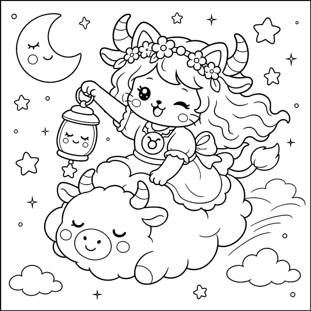 Cozy Taurus Zodiac Cat Girls Coloring Book: free sample page 1 of 5