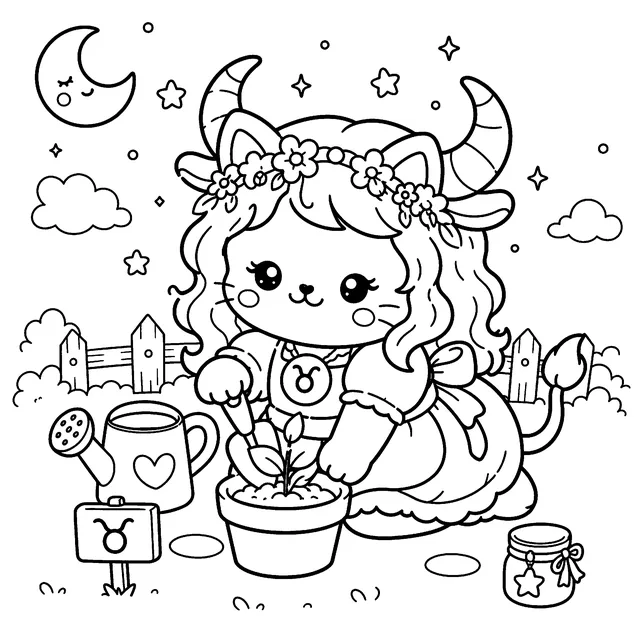 Cozy Taurus Zodiac Cat Girls Coloring Book: free sample page 2 of 5