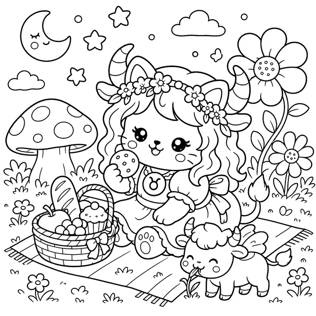 Cozy Taurus Zodiac Cat Girls Coloring Book: free sample page 3 of 5