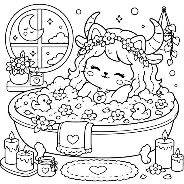 Cozy Taurus Zodiac Cat Girls Coloring Book: free sample page 4 of 5
